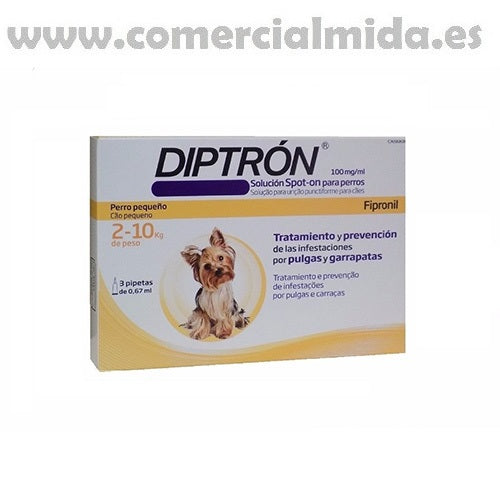 Pipetas DIPTRON para perros 2-10 Kg anti pulgas y garrapatas en caja de 3 unidades