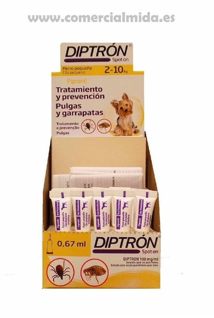 Pipetas DIPTRON para perros 2-10 Kg anti pulgas y garrapatas en expositor 30 unidades